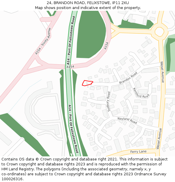 24, BRANDON ROAD, FELIXSTOWE, IP11 2XU: Location map and indicative extent of plot