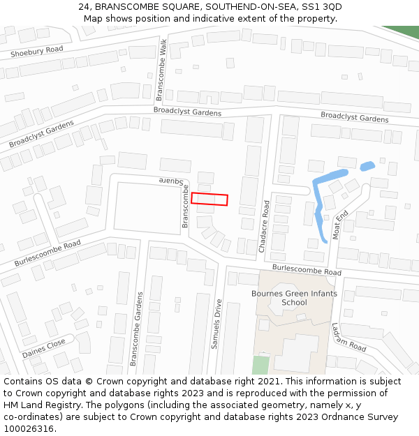 24, BRANSCOMBE SQUARE, SOUTHEND-ON-SEA, SS1 3QD: Location map and indicative extent of plot