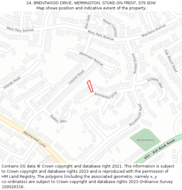 24, BRENTWOOD DRIVE, WERRINGTON, STOKE-ON-TRENT, ST9 0DW: Location map and indicative extent of plot