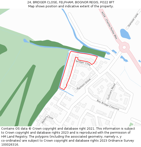 24, BRIDGER CLOSE, FELPHAM, BOGNOR REGIS, PO22 8FT: Location map and indicative extent of plot