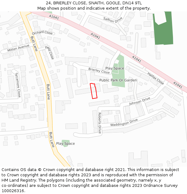 24, BRIERLEY CLOSE, SNAITH, GOOLE, DN14 9TL: Location map and indicative extent of plot