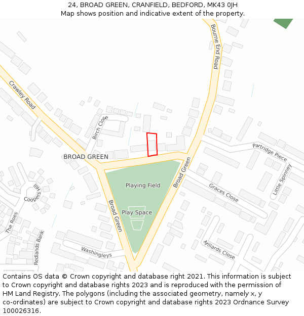 24, BROAD GREEN, CRANFIELD, BEDFORD, MK43 0JH: Location map and indicative extent of plot