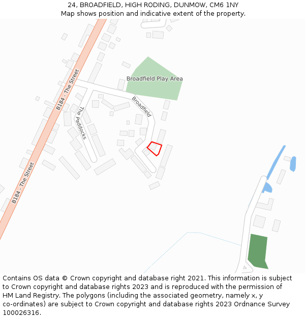 24, BROADFIELD, HIGH RODING, DUNMOW, CM6 1NY: Location map and indicative extent of plot