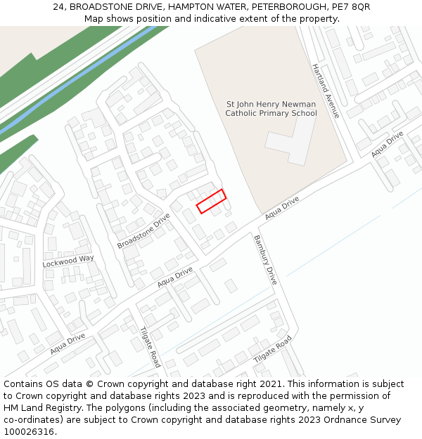24, BROADSTONE DRIVE, HAMPTON WATER, PETERBOROUGH, PE7 8QR: Location map and indicative extent of plot