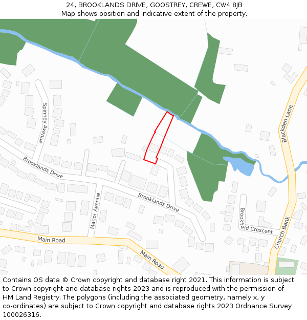 24, BROOKLANDS DRIVE, GOOSTREY, CREWE, CW4 8JB: Location map and indicative extent of plot