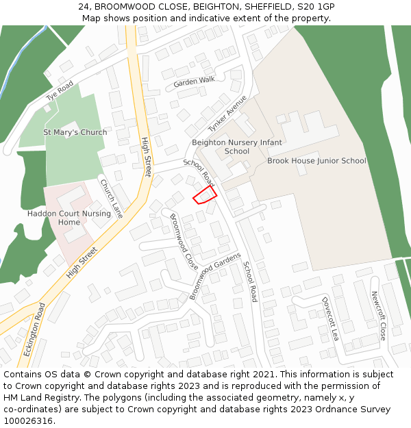 24, BROOMWOOD CLOSE, BEIGHTON, SHEFFIELD, S20 1GP: Location map and indicative extent of plot