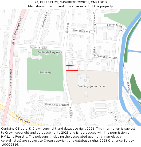 24, BULLFIELDS, SAWBRIDGEWORTH, CM21 9DD: Location map and indicative extent of plot