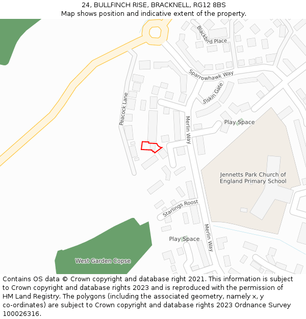 24, BULLFINCH RISE, BRACKNELL, RG12 8BS: Location map and indicative extent of plot