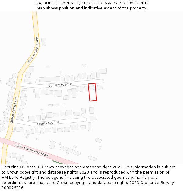 24, BURDETT AVENUE, SHORNE, GRAVESEND, DA12 3HP: Location map and indicative extent of plot