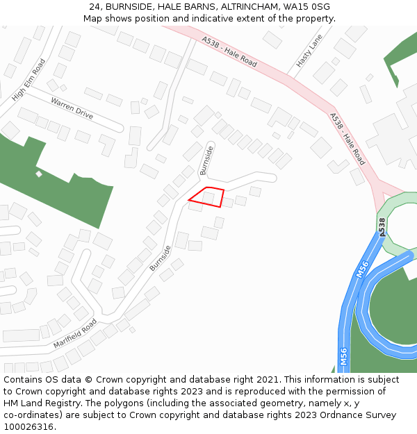 24, BURNSIDE, HALE BARNS, ALTRINCHAM, WA15 0SG: Location map and indicative extent of plot