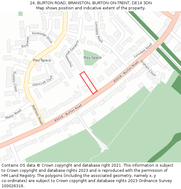 24, BURTON ROAD, BRANSTON, BURTON-ON-TRENT, DE14 3DN: Location map and indicative extent of plot