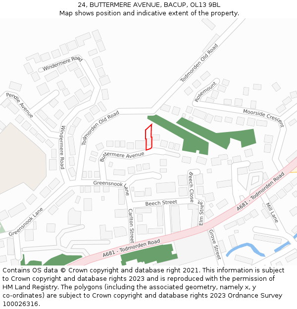 24, BUTTERMERE AVENUE, BACUP, OL13 9BL: Location map and indicative extent of plot