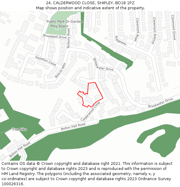 24, CALDERWOOD CLOSE, SHIPLEY, BD18 1PZ: Location map and indicative extent of plot