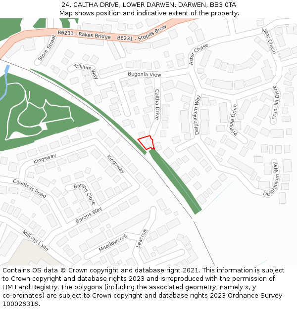 24, CALTHA DRIVE, LOWER DARWEN, DARWEN, BB3 0TA: Location map and indicative extent of plot