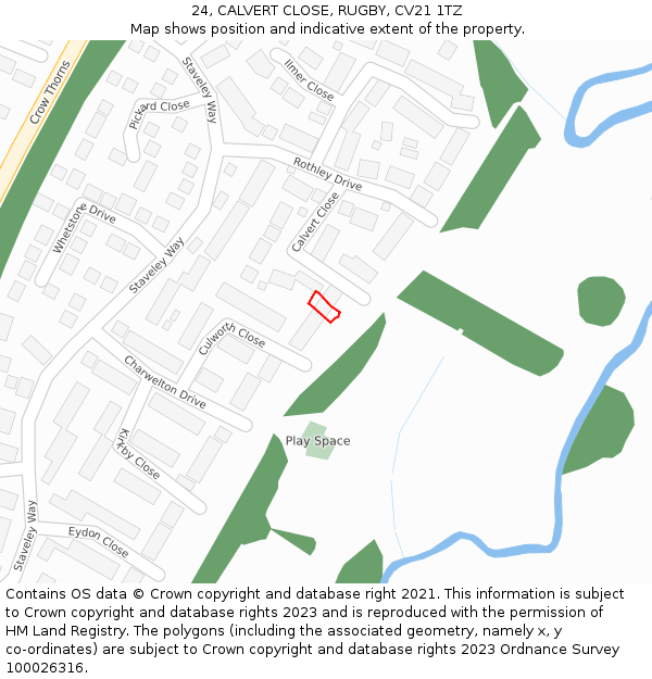 24, CALVERT CLOSE, RUGBY, CV21 1TZ: Location map and indicative extent of plot