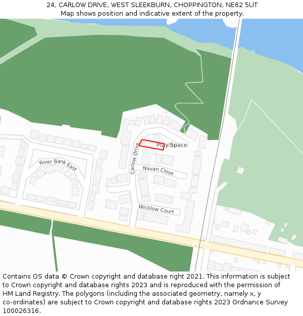 24, CARLOW DRIVE, WEST SLEEKBURN, CHOPPINGTON, NE62 5UT: Location map and indicative extent of plot