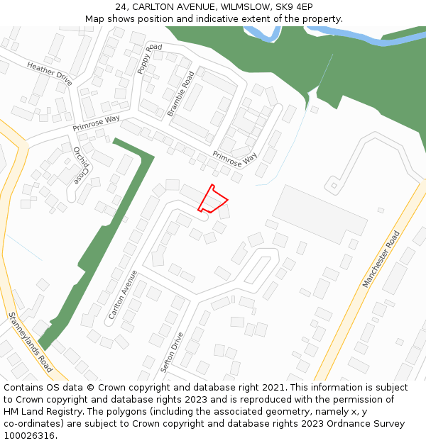 24, CARLTON AVENUE, WILMSLOW, SK9 4EP: Location map and indicative extent of plot