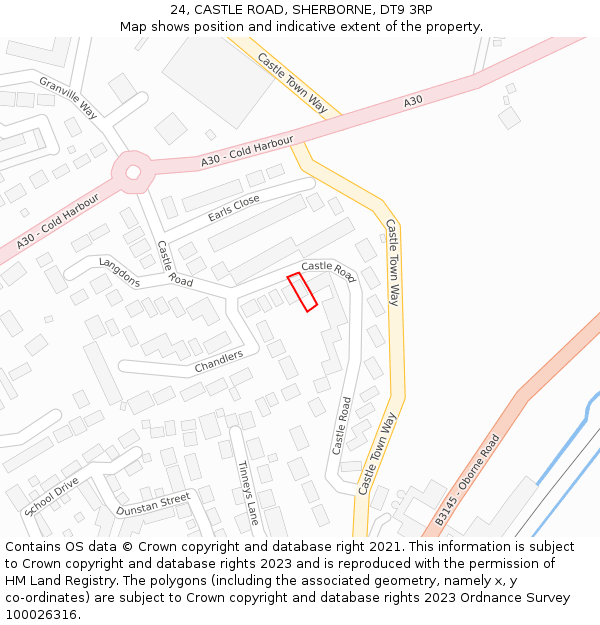 24, CASTLE ROAD, SHERBORNE, DT9 3RP: Location map and indicative extent of plot