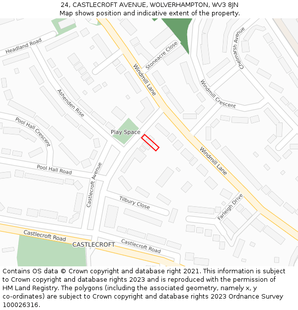 24, CASTLECROFT AVENUE, WOLVERHAMPTON, WV3 8JN: Location map and indicative extent of plot