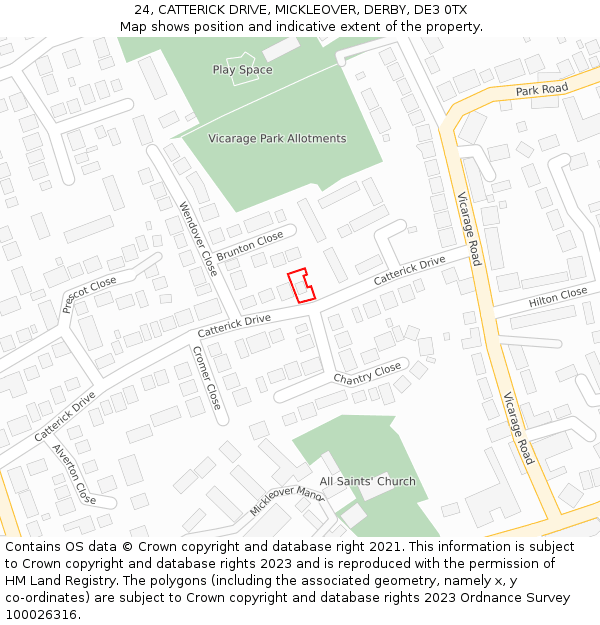 24, CATTERICK DRIVE, MICKLEOVER, DERBY, DE3 0TX: Location map and indicative extent of plot