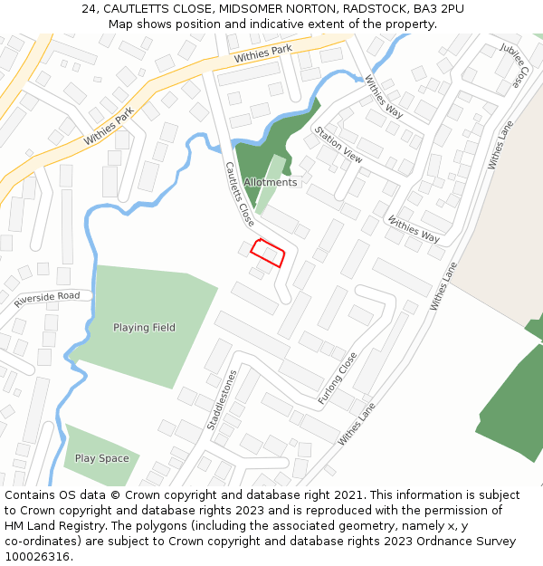 24, CAUTLETTS CLOSE, MIDSOMER NORTON, RADSTOCK, BA3 2PU: Location map and indicative extent of plot