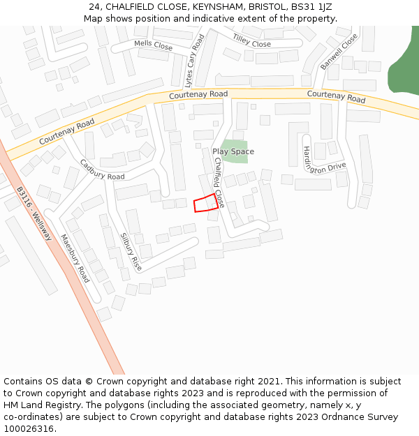 24, CHALFIELD CLOSE, KEYNSHAM, BRISTOL, BS31 1JZ: Location map and indicative extent of plot