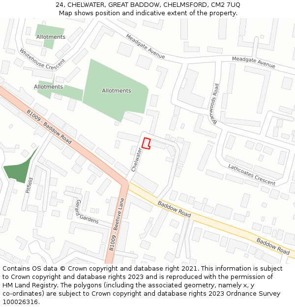 24, CHELWATER, GREAT BADDOW, CHELMSFORD, CM2 7UQ: Location map and indicative extent of plot