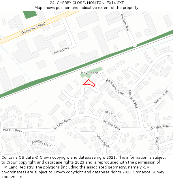 24, CHERRY CLOSE, HONITON, EX14 2XT: Location map and indicative extent of plot