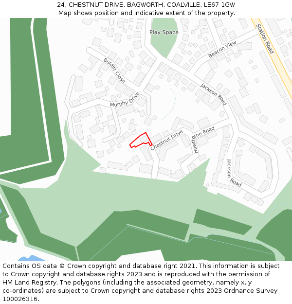 24, CHESTNUT DRIVE, BAGWORTH, COALVILLE, LE67 1GW: Location map and indicative extent of plot