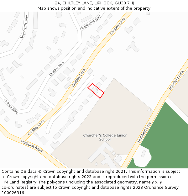 24, CHILTLEY LANE, LIPHOOK, GU30 7HJ: Location map and indicative extent of plot