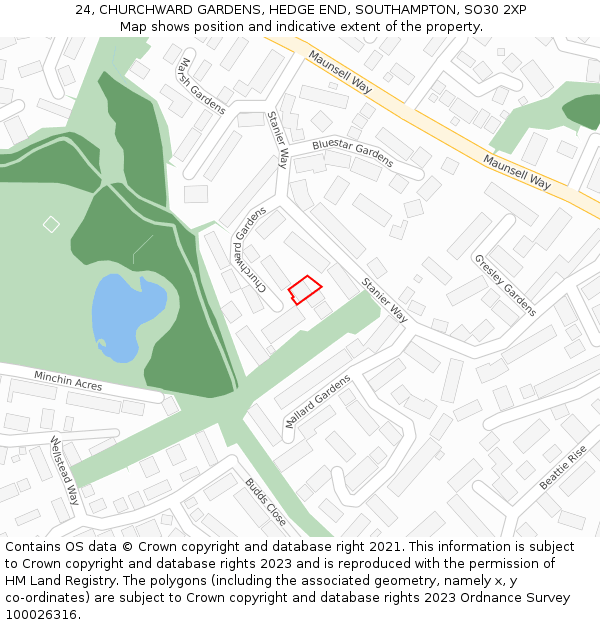 24, CHURCHWARD GARDENS, HEDGE END, SOUTHAMPTON, SO30 2XP: Location map and indicative extent of plot