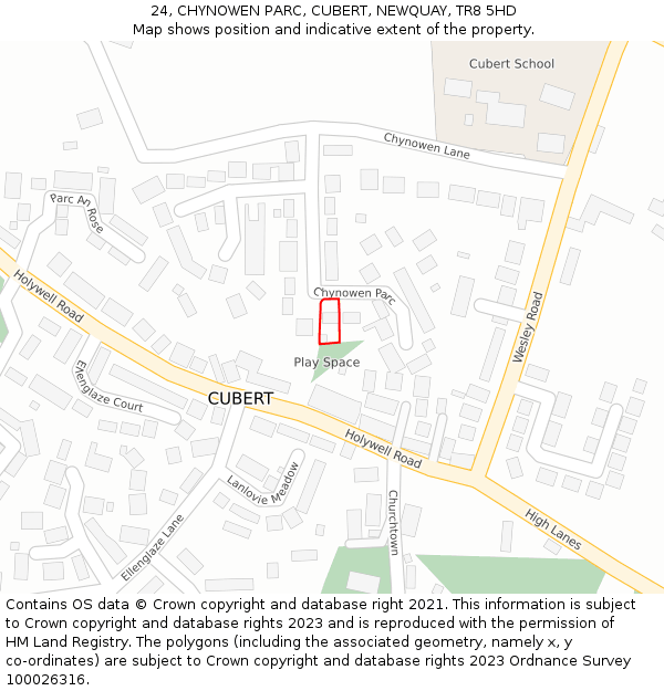 24, CHYNOWEN PARC, CUBERT, NEWQUAY, TR8 5HD: Location map and indicative extent of plot