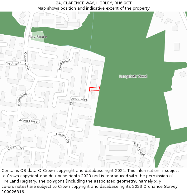 24, CLARENCE WAY, HORLEY, RH6 9GT: Location map and indicative extent of plot