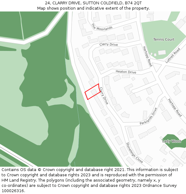 24, CLARRY DRIVE, SUTTON COLDFIELD, B74 2QT: Location map and indicative extent of plot