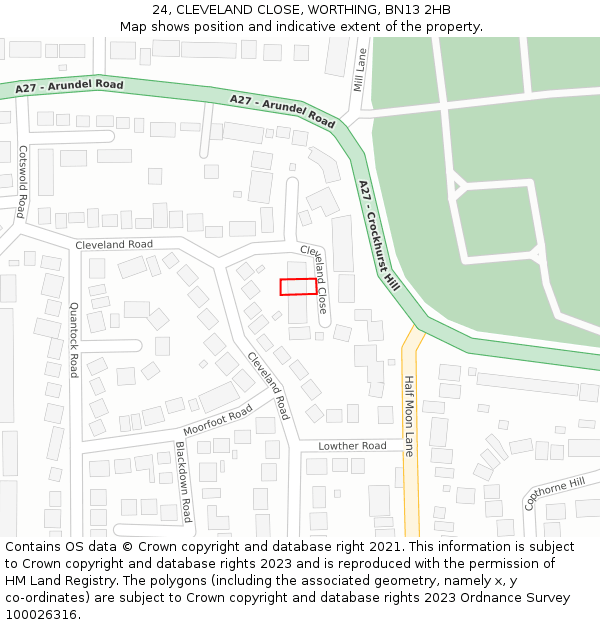 24, CLEVELAND CLOSE, WORTHING, BN13 2HB: Location map and indicative extent of plot