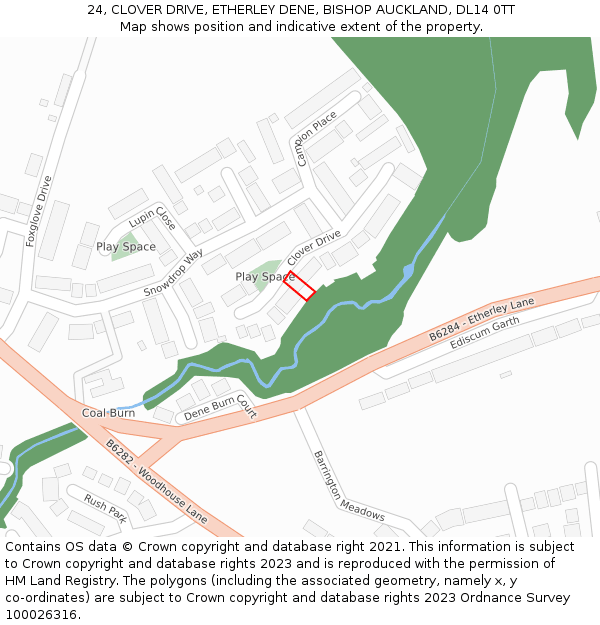 24, CLOVER DRIVE, ETHERLEY DENE, BISHOP AUCKLAND, DL14 0TT: Location map and indicative extent of plot