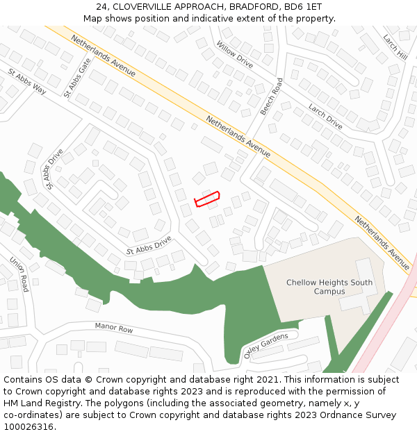 24, CLOVERVILLE APPROACH, BRADFORD, BD6 1ET: Location map and indicative extent of plot