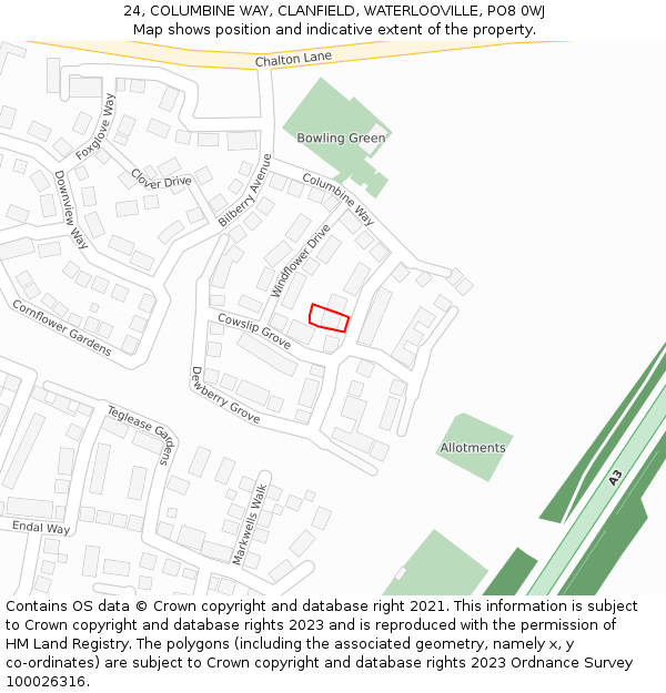 24, COLUMBINE WAY, CLANFIELD, WATERLOOVILLE, PO8 0WJ: Location map and indicative extent of plot