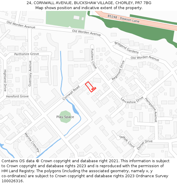 24, CORNWALL AVENUE, BUCKSHAW VILLAGE, CHORLEY, PR7 7BG: Location map and indicative extent of plot