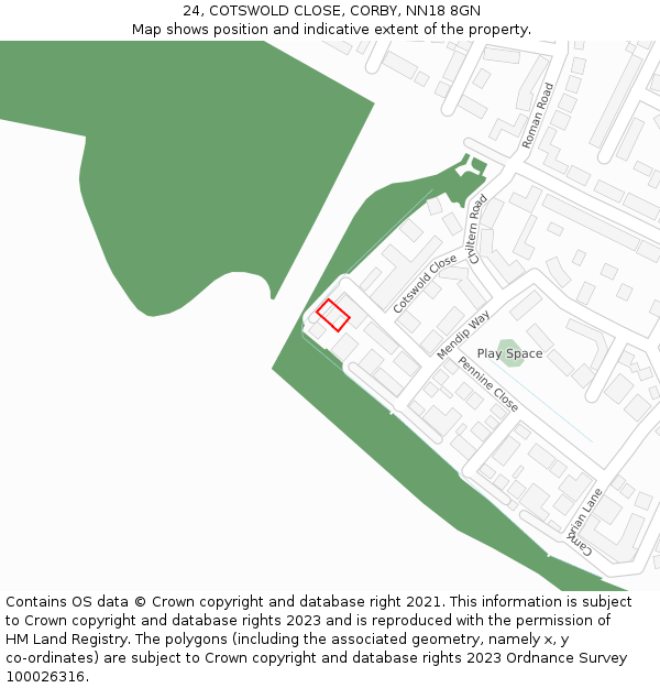 24, COTSWOLD CLOSE, CORBY, NN18 8GN: Location map and indicative extent of plot