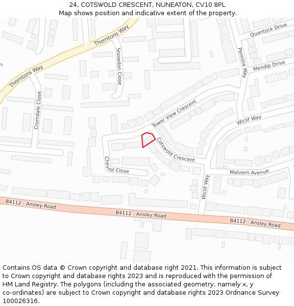 24, COTSWOLD CRESCENT, NUNEATON, CV10 8PL: Location map and indicative extent of plot