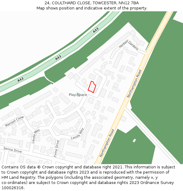 24, COULTHARD CLOSE, TOWCESTER, NN12 7BA: Location map and indicative extent of plot