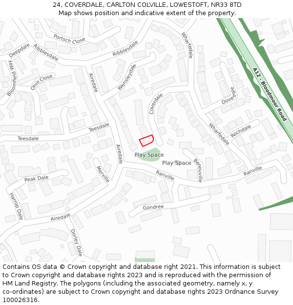 24, COVERDALE, CARLTON COLVILLE, LOWESTOFT, NR33 8TD: Location map and indicative extent of plot