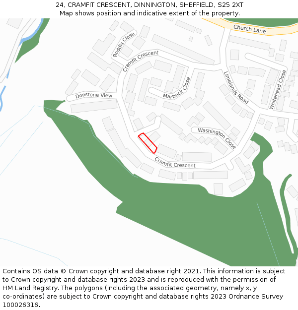 24, CRAMFIT CRESCENT, DINNINGTON, SHEFFIELD, S25 2XT: Location map and indicative extent of plot