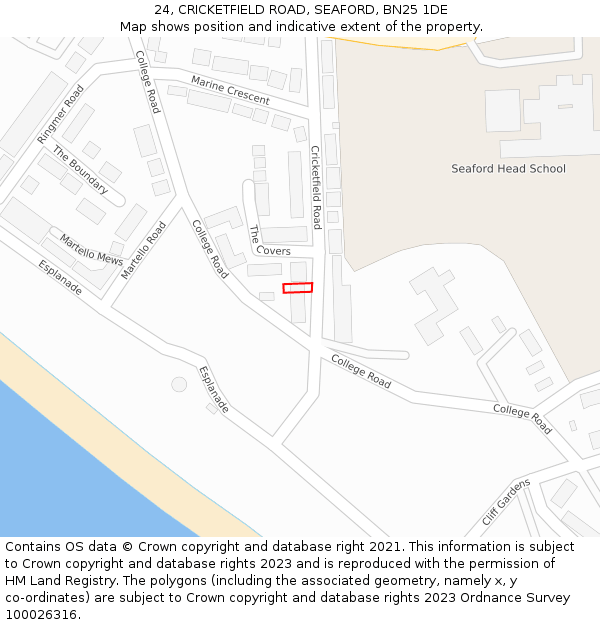 24, CRICKETFIELD ROAD, SEAFORD, BN25 1DE: Location map and indicative extent of plot