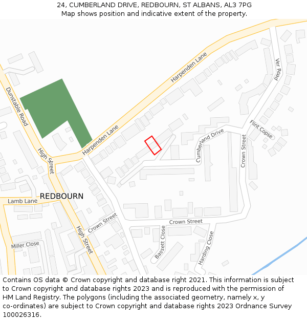 24, CUMBERLAND DRIVE, REDBOURN, ST ALBANS, AL3 7PG: Location map and indicative extent of plot