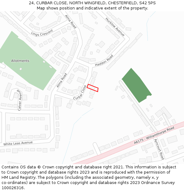24, CURBAR CLOSE, NORTH WINGFIELD, CHESTERFIELD, S42 5PS: Location map and indicative extent of plot