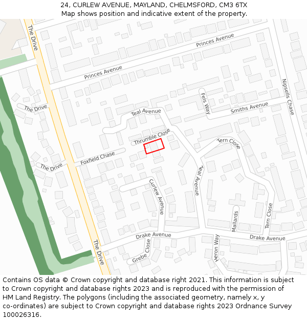 24, CURLEW AVENUE, MAYLAND, CHELMSFORD, CM3 6TX: Location map and indicative extent of plot