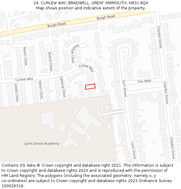 24, CURLEW WAY, BRADWELL, GREAT YARMOUTH, NR31 8QX: Location map and indicative extent of plot