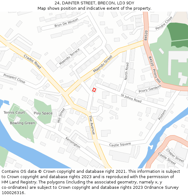 24, DAINTER STREET, BRECON, LD3 9DY: Location map and indicative extent of plot